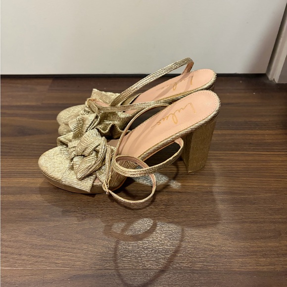 Lulus Lilsa Gold Metallic Bow Platform Ankle Strap Heels - Picture 5 of 6